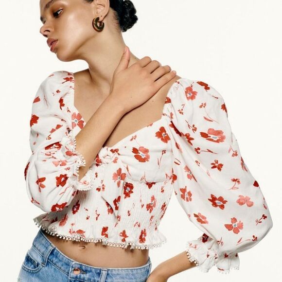 Zara printed linen blend top